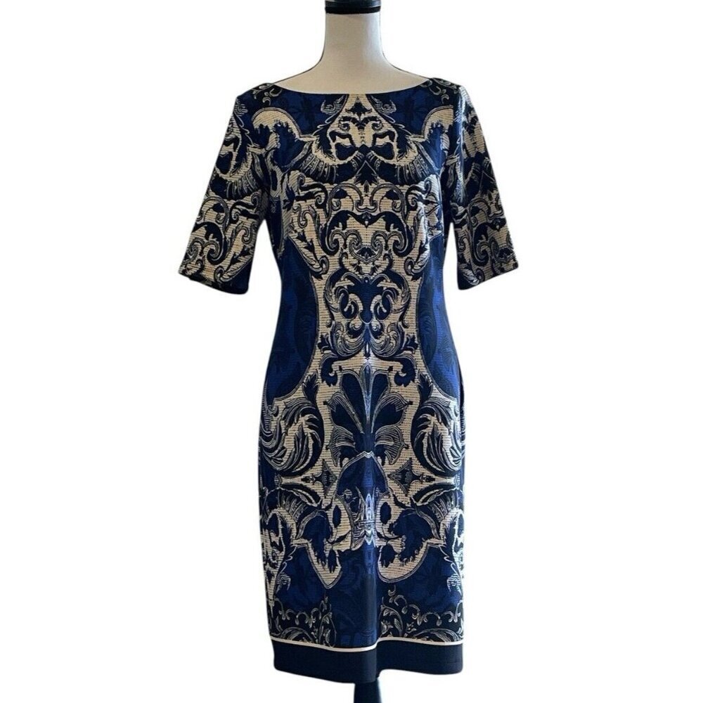 J Taylor Womens Paisley Sheath Dress Size 10 Blue White Print Zipper - Picture 4 of 16